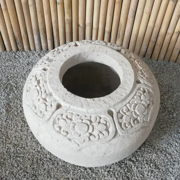 Product image 10 of the product “Balinese style flat round pot, with carving - 70cm Dia., 45 cm Height, Taro sand ”